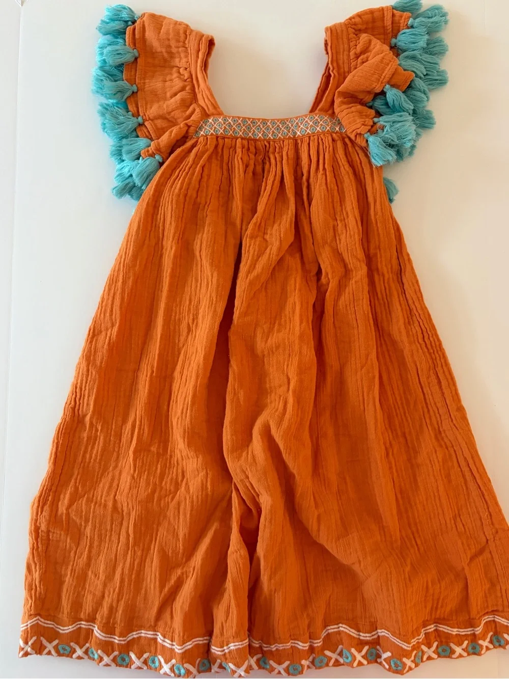 Mer St Barth Serena Tassel Dress Girls Size 12 Orange 100% Cotton